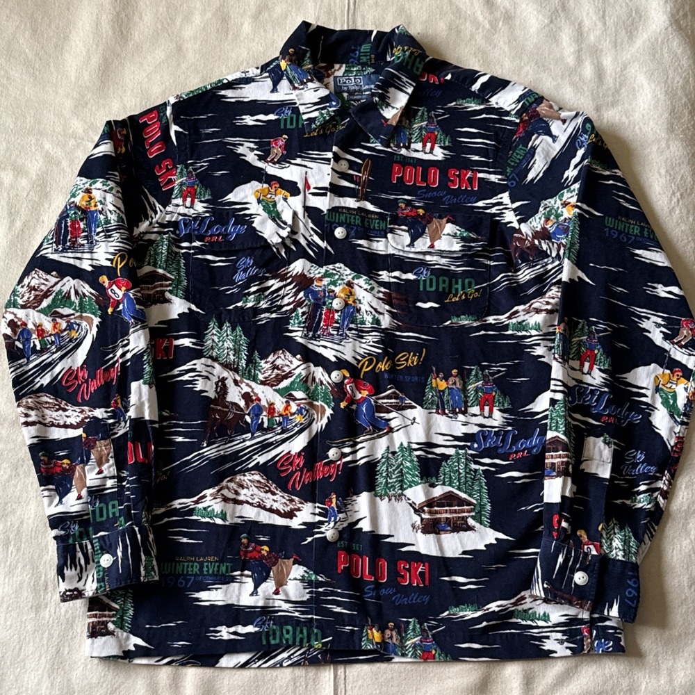 Rare VTG POLO RALPH LAUREN Ski Idaho All Over Print Shirt 90s Indigo Blue